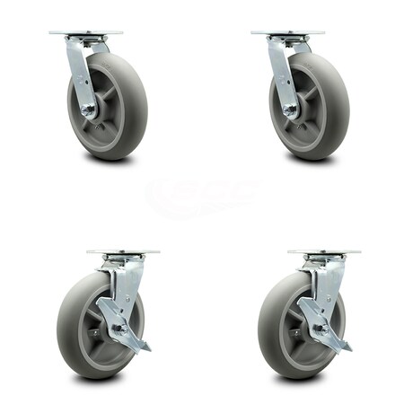 Service Caster 8 Inch Thermoplastic Rubber Swivel Caster Set with Ball Bearings 2 Brakes SCC SCC-30CS820-TPRBD-2-TLB-2